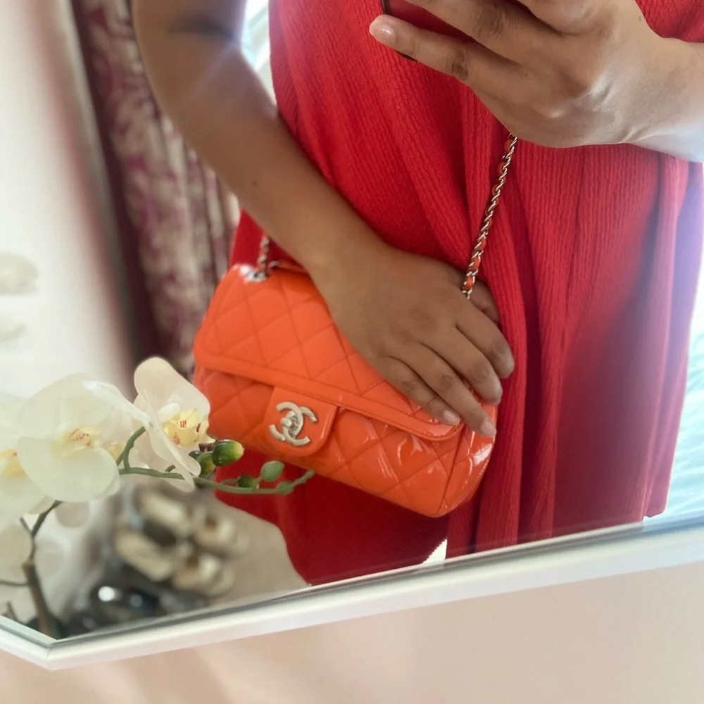 Mint Condition Chanel Orange Patent Leather Classic Flap Bag - Picture 15 of 15